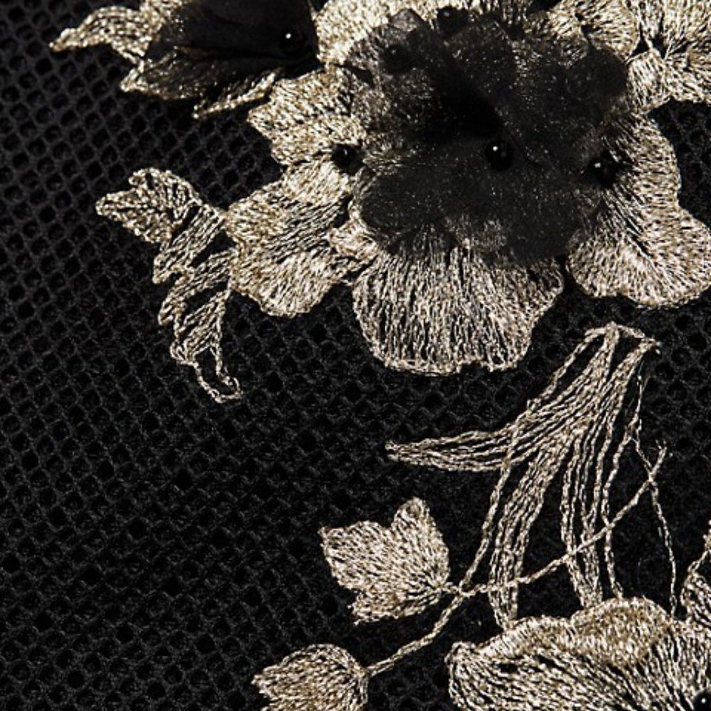 Rickie Freeman for Teri Jon Black Mesh Midi Dress with Gold Floral Appliqué - Picture 3 of 6